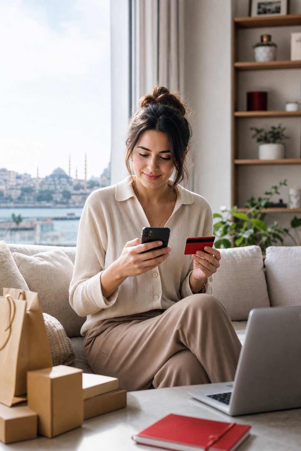 İstanbul evinde online alışveriş ödemesi yapan kullanıcı